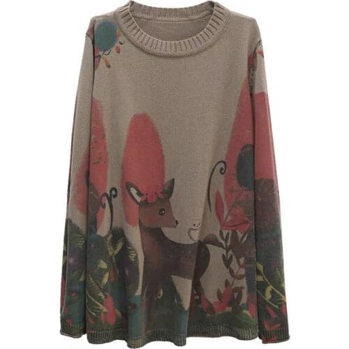 Retro literature and art 2021 spring and autumn new printed knitted bottoming shirt womens pullover loose large size sweater