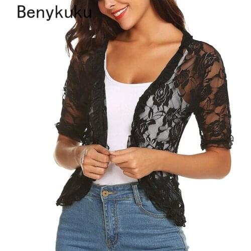 Ladies Black Floral Lace Cropped Shrug Coat Womens Jackets and Coats Female Short Sleeve Open Front Bolero Tops Cardigan Elegant