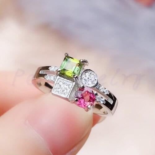 Natural tourmaline square ring Free shipping 925 sterling silver 0.2ct*2pcs gemstone Fine jewelry R972209