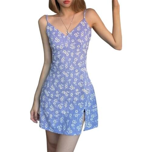 Women Summer Sleeveless Sexy V-Neck Split Slim Mini Dress Boho Daisy Floral Print Spaghetti Strap Beach Sling Sundress