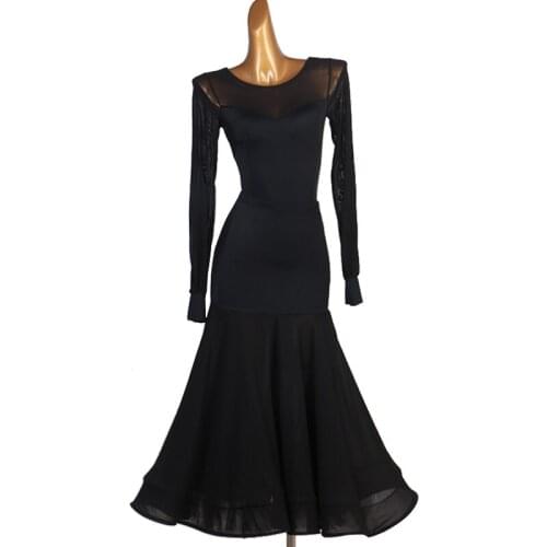 New Ballroom Dance Dress Women Waltz Tango Long Black Dress Mesh Sleeves Performance Suit Standard Robe Femme Free Shipping