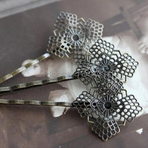 200PCS vintage Antique Bronze hairpins cameo setting flower cabochon base hair accessories jewelry DIY Findings( PINSS-15)