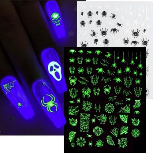 3D Halloween Nail Art Slider Glow In The Dark Luminous Nail Sticker Pumpkin Spider Star Moon Decals Polish Decors 2021 New