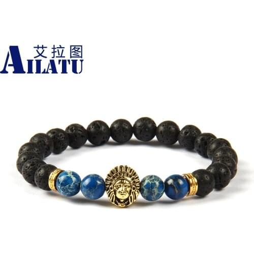 Ailatu 8mm Lava Rock & Blue Sediment Stone with Aboriginal Indigenous People CZ Beads Bracelet Mens Elastic Bead Jewelry