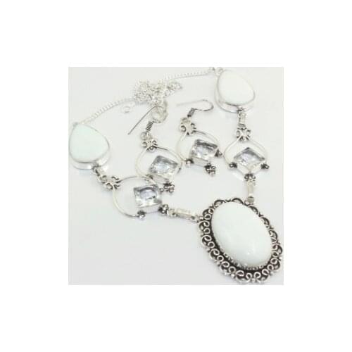 White Opal & White Topas Necklace Earing Silver Overlay over Copper , 53.2 cm, N3495