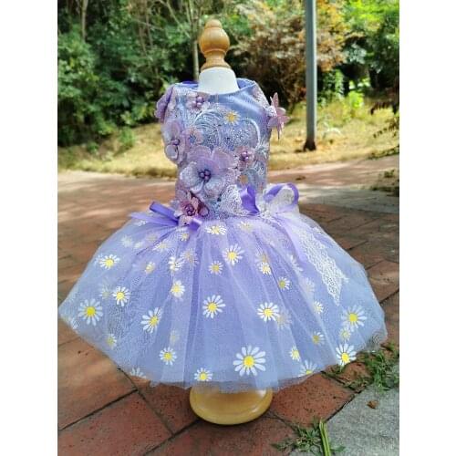 Free Shipping Handmade Dog Clothes Princess Dress Gorgeous Purple Fairy Daisy 3D Flower More Layers Tulle Skirt Poodle Maltese