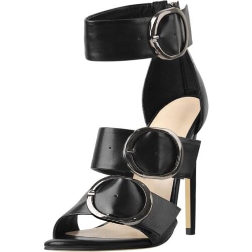 Richealnana Casual Thin High Sandals Women Matte Black Cover Heel Metal Buckles Decoration Open Toe Zipper Big Size