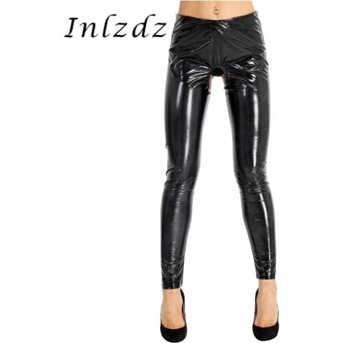 Black Womens Erotic Lingerie Open Crotch Pants Wet Look Patent Leather Open Butt Pants Skinny Stretchy Sexy Legging Trousers