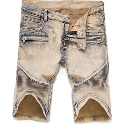 ABOORUN High Quality Fashion Mens Biker Denim Shorts Khaki Painted Pleated Motor Jeans Shorts Male Brand Clothes YC1243