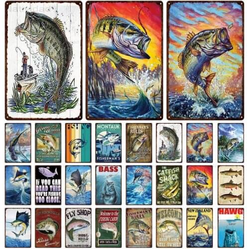 European Style Bass Fishes and Go Fishing Metal Poster Sign Plaque Vintage Paintings Decor for Bar Club Shop Hotel Retro Signs