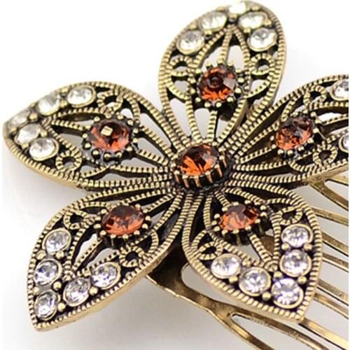 Ethnic Vintage Metal Alloy Hair Combs Ladies Bridal Hollow Star Flower Jewelry Hairpins Glitter Rhinestone Updo Ponytail Holder