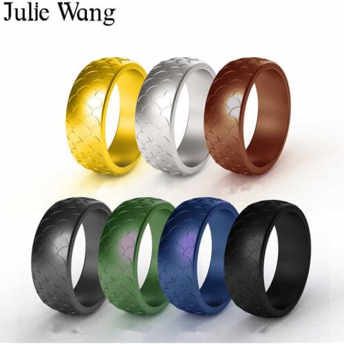 Julie Wang 7PCS 8.7mm Fish Scales Silicone Men Ring Mixed Colors Fashion Party Outdoor Sport Wedding Party Gift Cocktail Rings