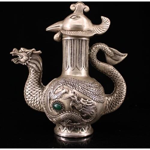 9"Chinese temple collection Old Bronze Gilt silver mosaic gem The dragon and the phoenix statue flagon kettle teapot Town House