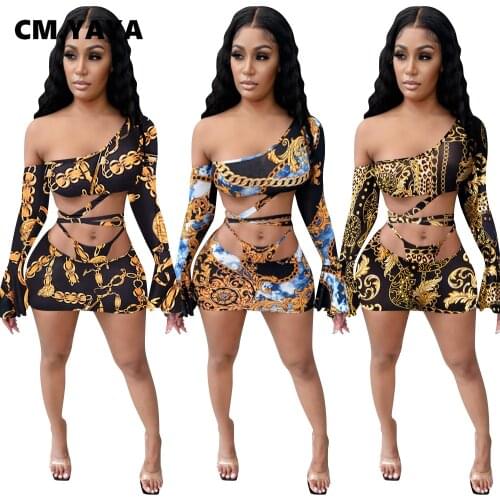 CM.YAYA Chain Paisley Two 2 Piece Set for Women Sexy Club Night Party Outfits One Sleeve Crop Tops + Midi Skirt Set Fall Winter