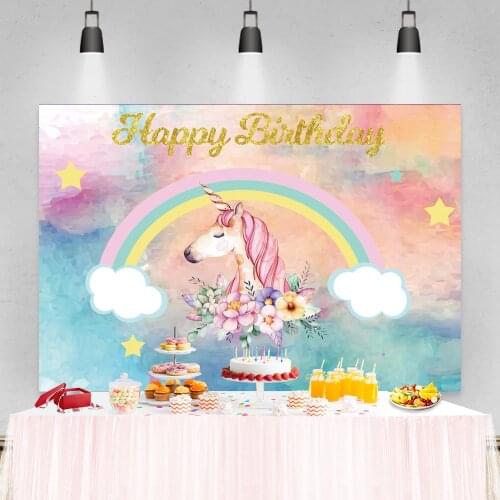 Laeacco Unicorn Rainbow Clouds Stars Gradient Color Party Photography Backdrops Baby Birthday Backgrounds For Photo Studio Props