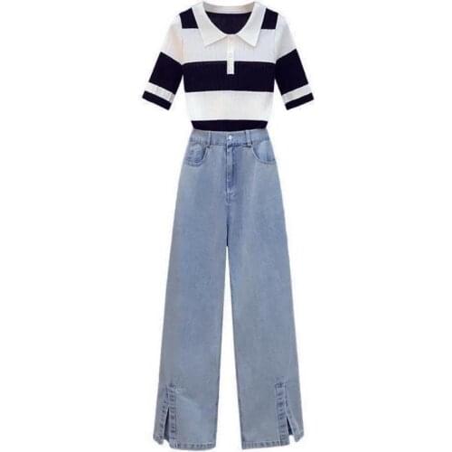 Summer Casual Wide Leg Pants Streetwear Jeans Women 2 Piece Set Top And Pants Conjunto Feminino Ensemble Femme Plus Size Suit