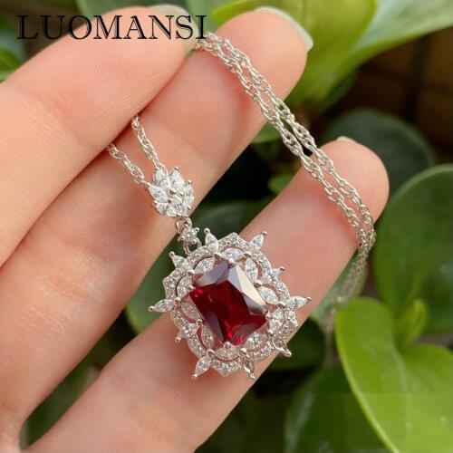 Luomansi Square 2 Carat Natural Ruby Diamond Pendant AU750 Gold Necklace Woman Fine Jewelry Cocktail Party Party