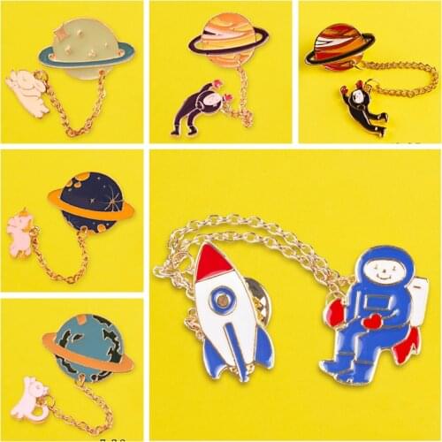 Metal Enamel Brooch Badge On Clothes Pin Planet Brooch Puppy Cat Astronaut Airplane Love Ship Metal Brooch Pin Chain Series
