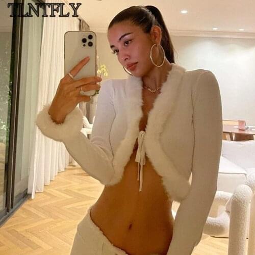 Autumn Winter Knitted Tie Up Cardigan Sweater Crop Top Women Streetwear Fluffy Fur Long Sleeve Top Sweater Coat