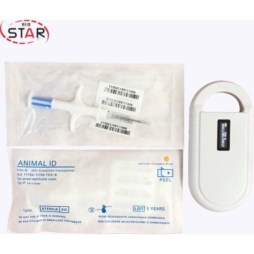 Portable pet scanner Mini dog microchip reader with 1.4*8mm glass tag 2pcs rfid chip injection syringe