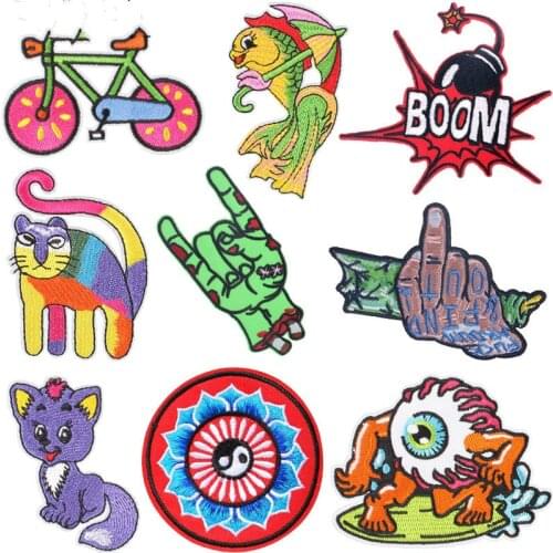 Rainbow Cat Bicycle Yin Yang Embroidered Eyes Cartoon Skull Finger Iron on Patch Clothes Hat Decoration Sewing Sequin Decal DIY
