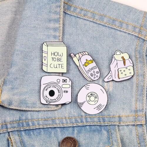 Backpack Book Camera Mobile phone CD Enamel Pin Badges Pink Girl Brooches Denim Shirt Collar Lapel Pins Jewelry Gifts for Women