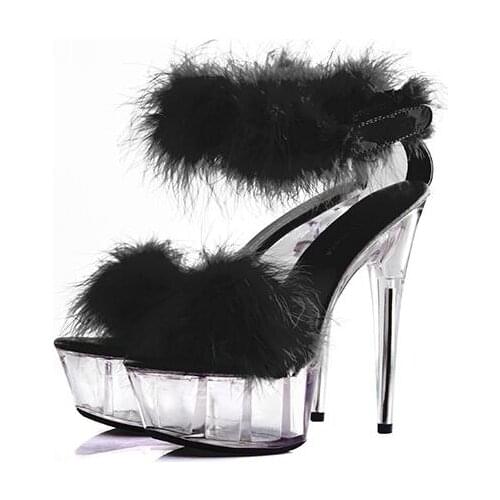 2018 sexy super high heels, 15CM transparent crystal shoes, waterproof platform sandals, hairy fun shoes