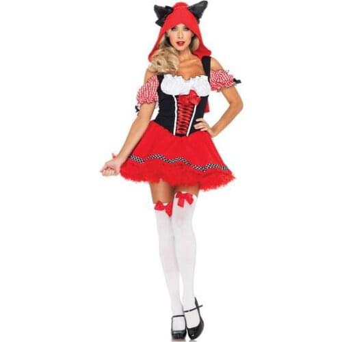 Sexy Wolf Costume 3S1120 Sexy Mature Animal Costume Halloween Furry Costume Fancy Red Gingham Trimmed Peasant Dress With Hooded