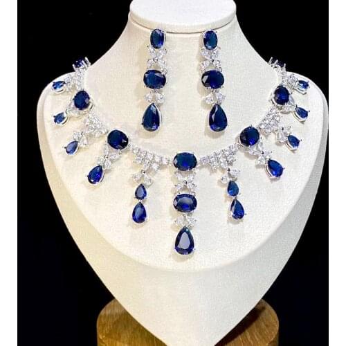 ASNORA Royal Blue Teardrop Cubic Zirconia Wedding Necklace And Earring Set, Top AAA Quality, Bridal Blue Dress Accessories