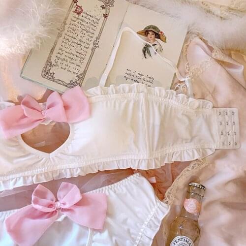 Japanese loli underwear love girl pink bow hollow sexy tube top lingerie no steel ring bra set sweet seamless bra panties
