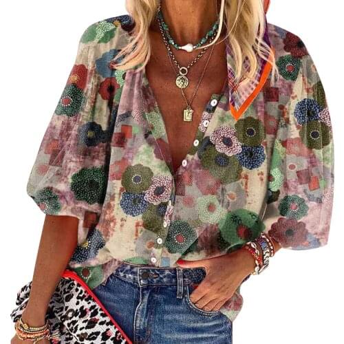 CINESSD Turn Down Collar Print Women Blouses Blue Cardigan Button Casual Tops Red Long Sleeves Single Breasted Bohemian Blouse