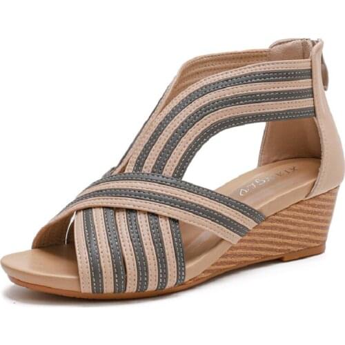 Slope heel sandals womens middle heel 2021 summer new European fashion leisure bag back zipper Roman shoes