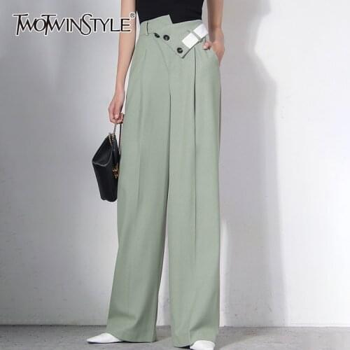 TWOTWINSTYLE Minimalist Colorblock Pants For Women Irregular High Waist Full Length Wide Leg Womens Trouser 2021 Autumn Stylish