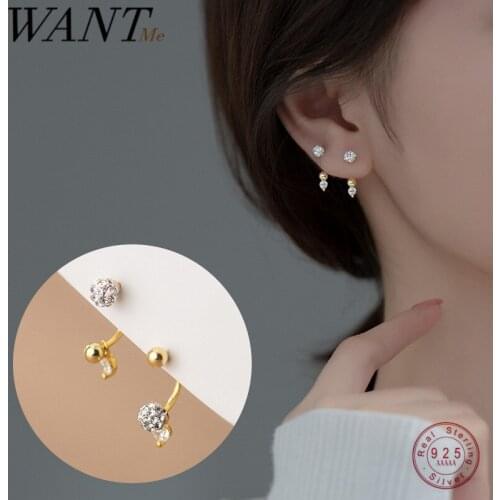 WANTME 925 Sterling Silver Unique Personality Shiny Zircon Ear Buckle Beads Stud Earrings Women Fashion Anniversary Fine Jewelry
