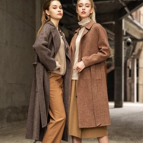 Womens winter coats dark coffee Double-sided wool cashmere outwear 2019 autumn plus size ladies fashion overcoats long belt