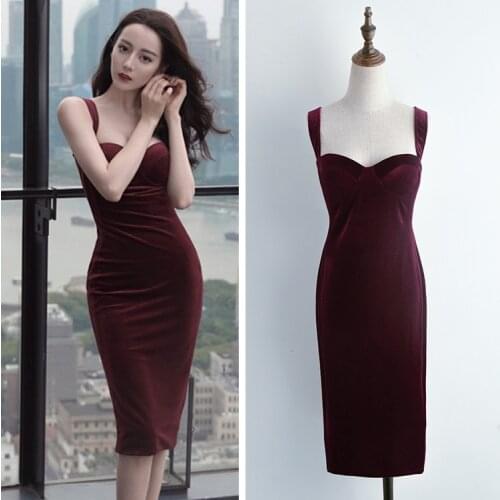2020 Wine red suspender dress women autumn velvet waist sexy hip wrap party dress