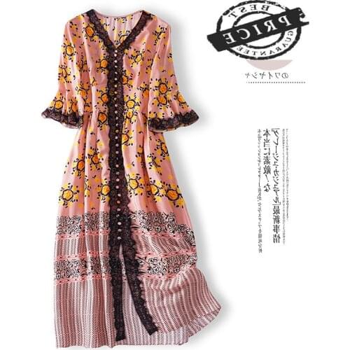 Women Summer Dress Vintage 100% Real Silk Dress Spring Clothes 2021 Korean Elegant Lace Boho Vestido Maxi Ropa Mujer 353a