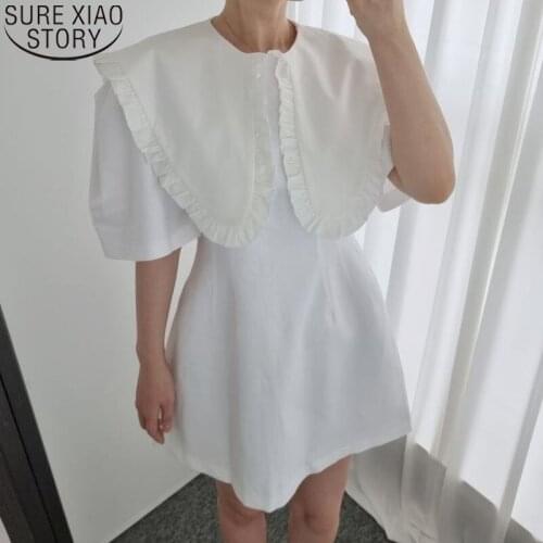 2021 Summer Women Dress Short Puff Sleeve Casaul Mini Dress Back Zipper Korean Chic Big Peter Pan Collar Sweet Dresses 14662