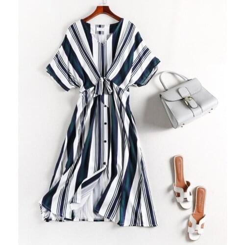 Striped v-neck batwing sleeve female vestido summer chiffon dress 2020 women plus size dresses 4XL 5XL JC14