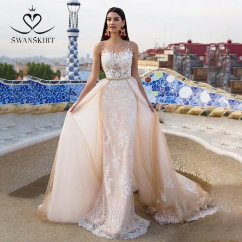 SWANSKIRT 2 In 1 Detachable Train Wedding Dress Appliques Illusion Mermaid Sleeveless Princess Vestido De Novia I229 Bridal Gown