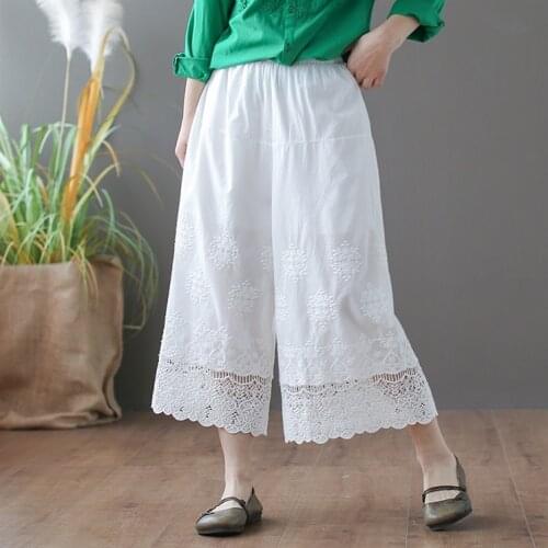 Summer Women Retro Embroidery Elastic Waist Wide-Leg Pants High-Waist Thin Cotton Nine-Point Pants
