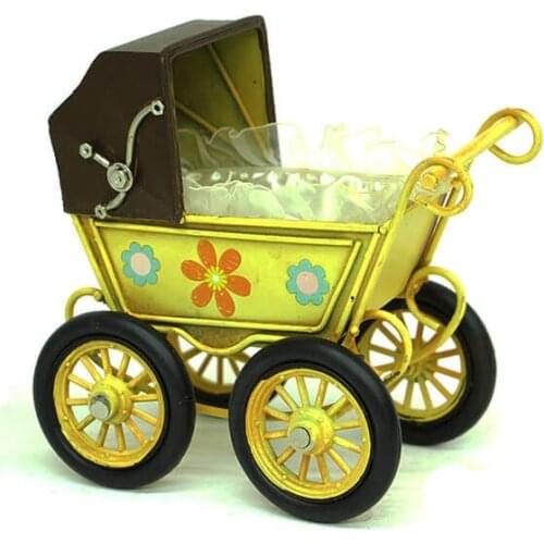 Antique Decor Metal Yellow Doll Stroller Trinket Miniature Gift Nostalgic Vintage Handmade Hand Painted Art Quality Durable