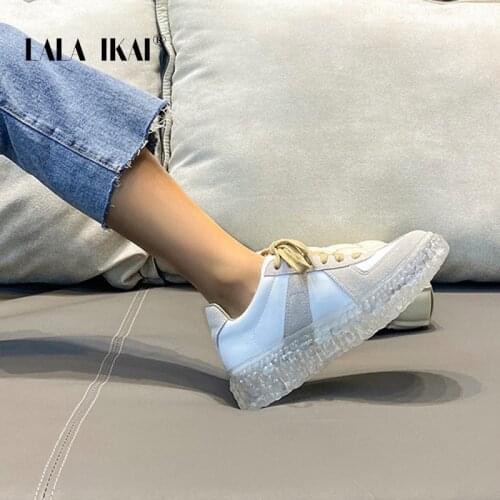 LALA IKAI Women‘s Genuine Leather Sneakers Transparent Casual Lace Up Vulcanize Shoes Female Thick Bottom White Shoes A30865-4