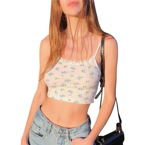 Summer Womens Fashion Floral Printing Tank Top Slim Fit Basic Camisole Slimming Sexy Lace Thin Straps T-shirt Sling Vest