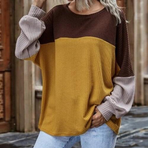 Fashion Women Long Puff Sleeve O Neck Blouse Waffle Color Block Knit Pullover