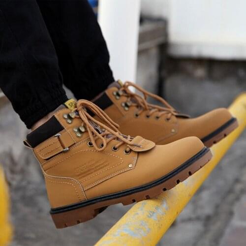 Boots men 2021 new fashion Solid winter snow pu leather plush shoes men ankle boots lace-up square heel men shoes plus size