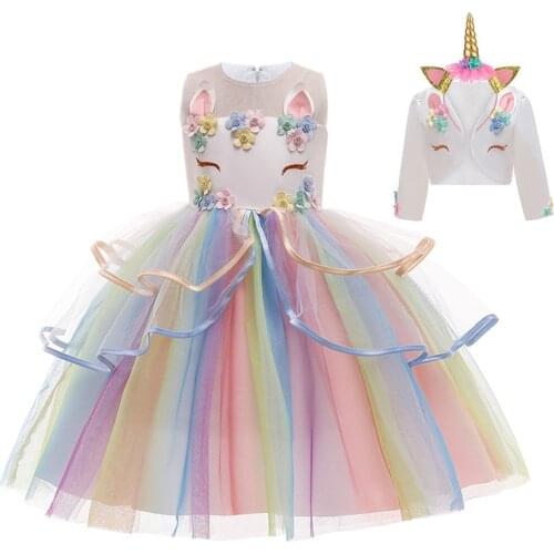 New Unicorn Vest Set Dress for Girls Casual Elegant Ball Gown Baby Girl Princess Birthday Dresses for Party Children Clothing