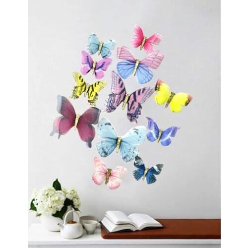 New Design 12pcs/set Tulle Cloth Butterfly Stickers Home Decoration Accessories for Living Room Wall Decor Wall Stickers