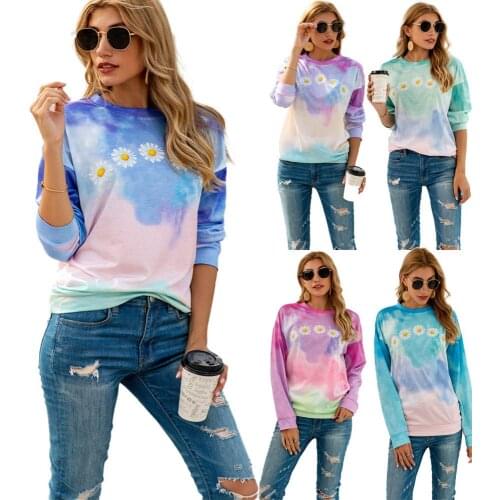 Round Neck Tie-dye Clothes Womens Clothing Autumn and Winter Cotton Daisy Print Long-sleeved Pullover Sports Casual Loose Top