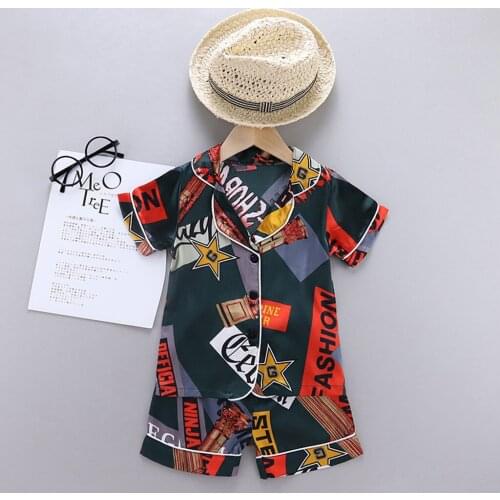 TELOTUNY Kids Baby Boy Girl Print Pajamas Sets Button-Down Fake Silk Home pyjamas Short Sleeve Tops+Shorts Sleepwear Outfits